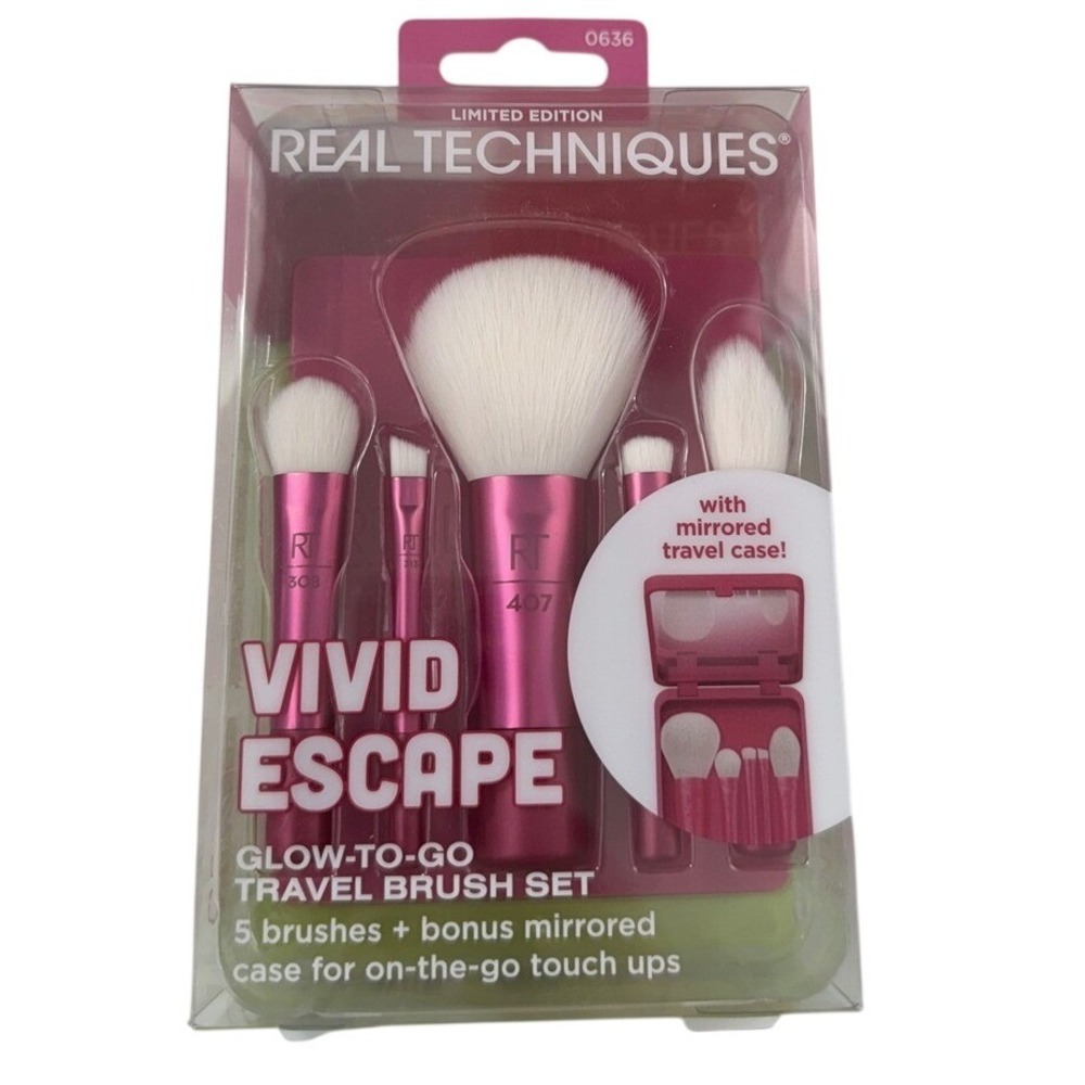 Real Techniques Vivid Escape Glow-To-Go Travel Brush Set 5pc Mirrored Case NEW